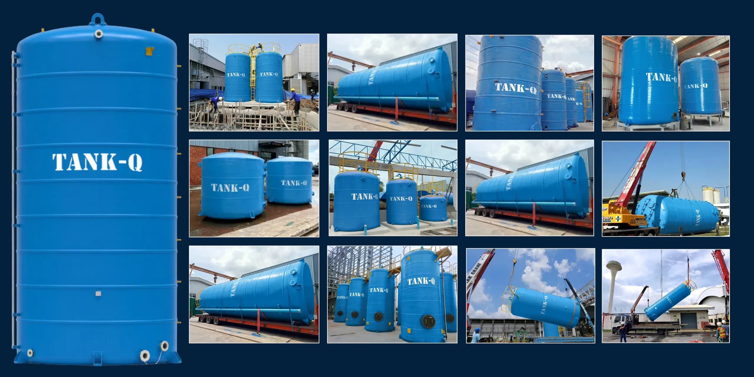 ถังไฟเบอร์กลาสแนวตั้งขนาดสูง พร้อมภาพถังของ TankQ ที่ติดตั้งในโรงงานและการยกถังด้วยเครน