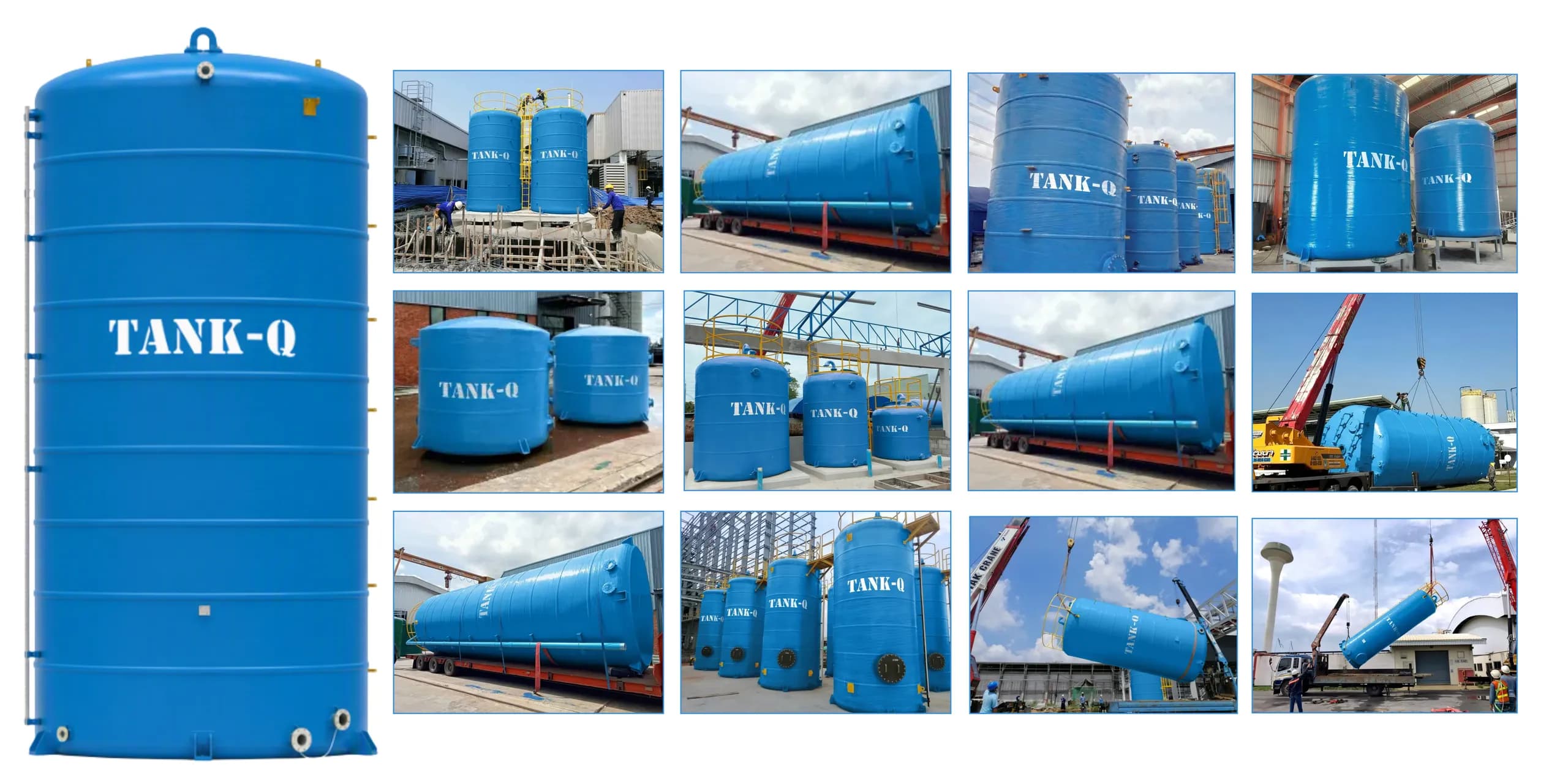ถังไฟเบอร์กลาสแนวตั้งขนาดสูง พร้อมภาพถังของ TankQ ที่ติดตั้งในโรงงานและการยกถังด้วยเครน