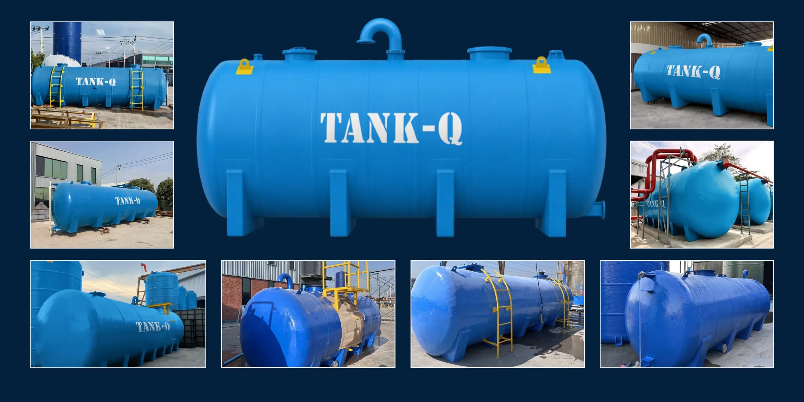 ถังไฟเบอร์กลาสแนวนอนแบบมีขา ล้อมรอบด้วยภาพถังแนวนอนของ TankQ ที่หน้างาน