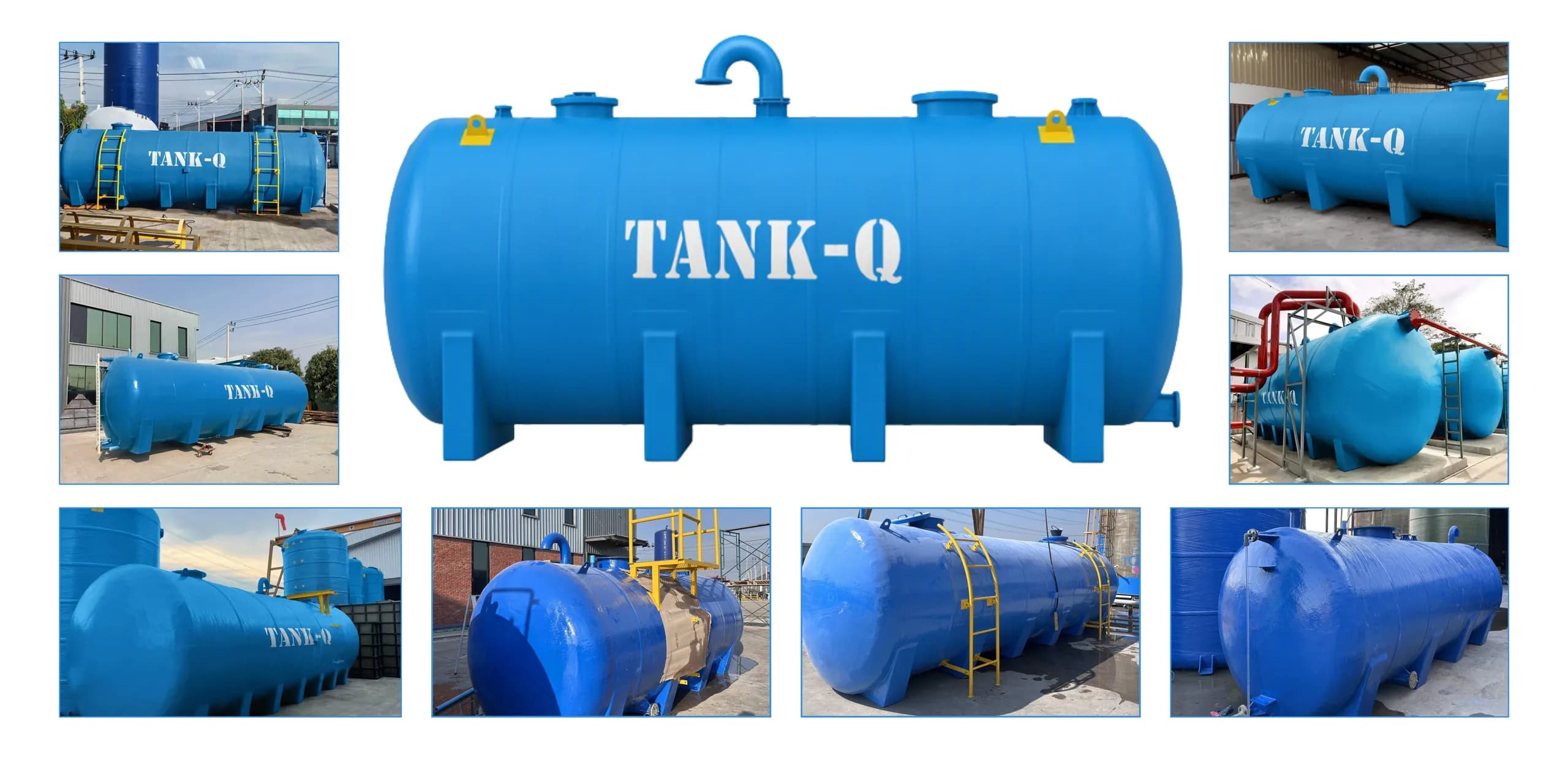 ถังไฟเบอร์กลาสแนวนอนแบบมีขา ล้อมรอบด้วยภาพถังแนวนอนของ TankQ ที่หน้างาน